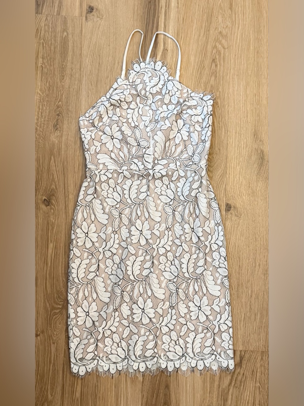 Lulu's White Floral Lace Midi Dress with Nude Lining